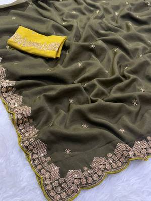 mehendi georgette saree with fancy pallu embroidery 2