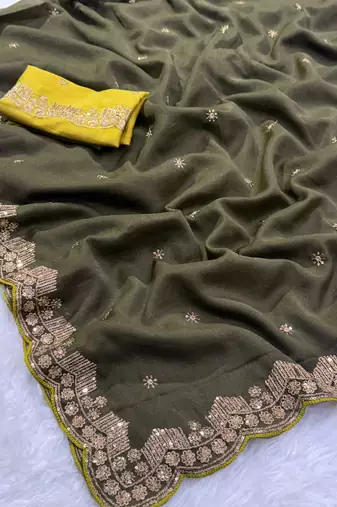 mehendi georgette saree with fancy pallu embroidery