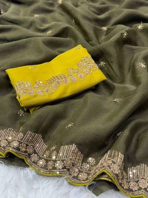 mehendi georgette saree with fancy pallu embroidery 3