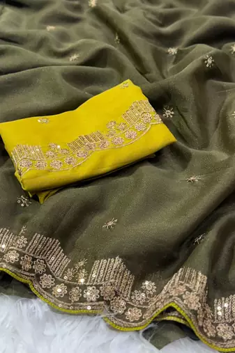 mehendi georgette saree with fancy pallu embroidery