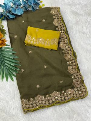 mehendi georgette saree with fancy pallu embroidery 4