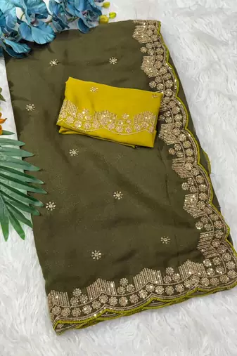 mehendi georgette saree with fancy pallu embroidery