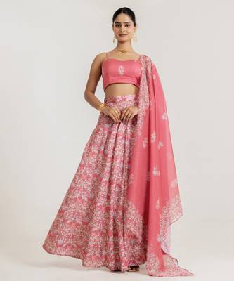 pink satin lehenga set with floral print work 1