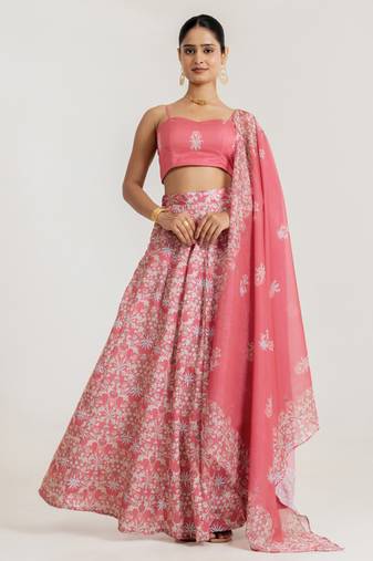 pink satin lehenga set with floral print work