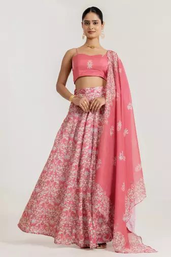 pink satin lehenga set with floral print work