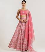 pink satin lehenga set with floral print work