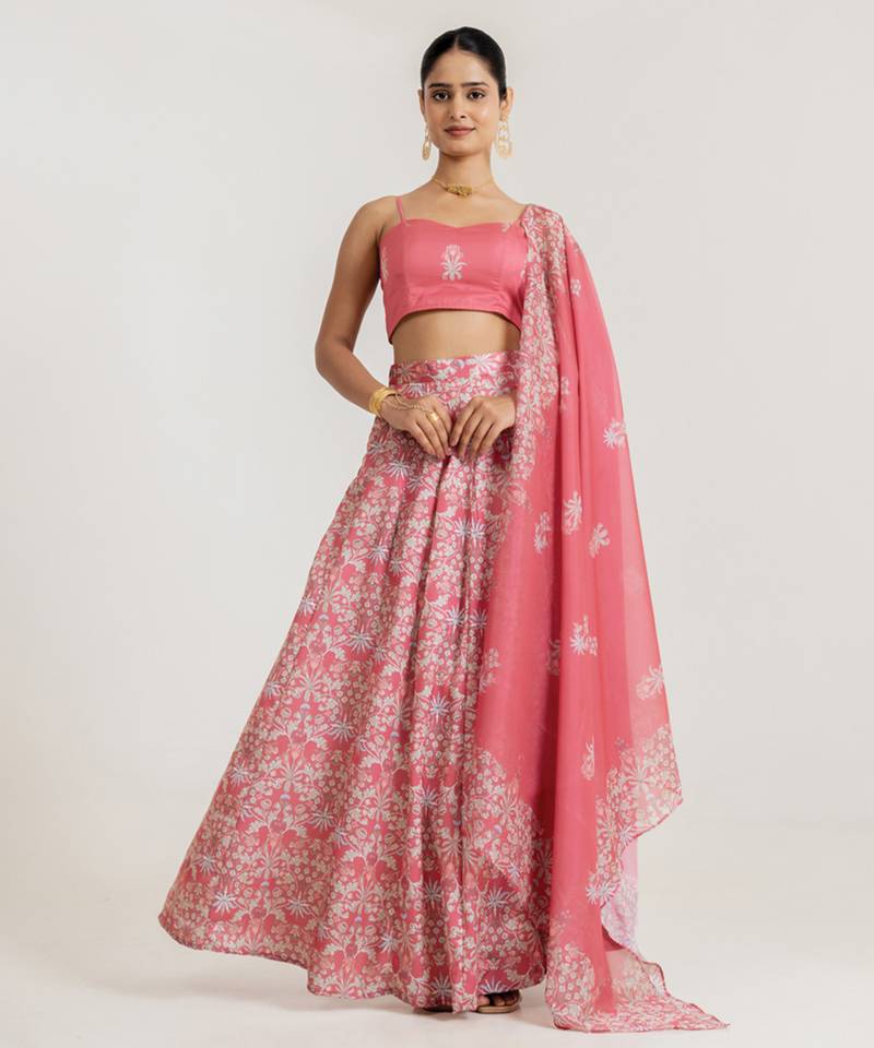 pink satin lehenga set with floral print work