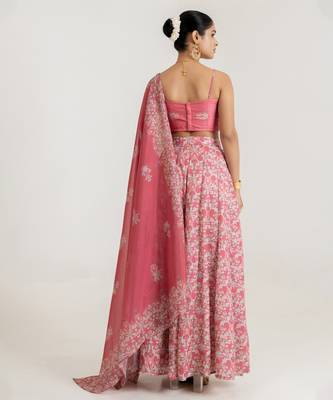 pink satin lehenga set with floral print work 2
