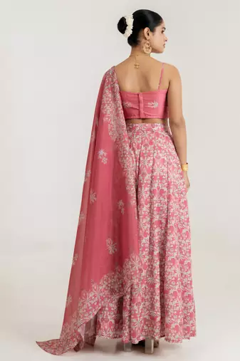 pink satin lehenga set with floral print work