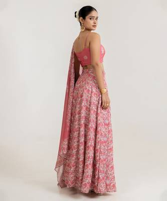 pink satin lehenga set with floral print work 3