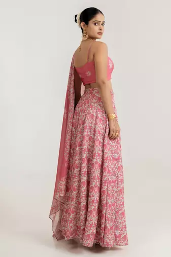 pink satin lehenga set with floral print work