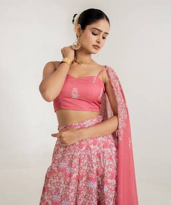 pink satin lehenga set with floral print work 4