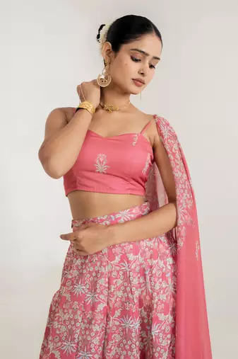 pink satin lehenga set with floral print work