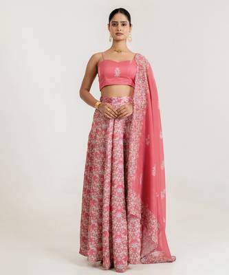 pink satin lehenga set with floral print work 5