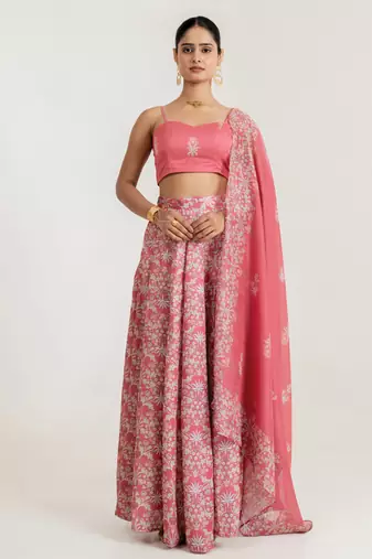 pink satin lehenga set with floral print work