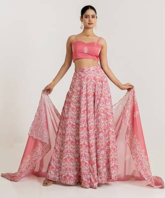 pink satin lehenga set with floral print work 6
