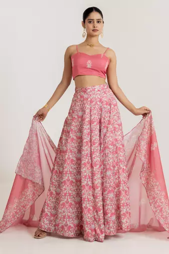 pink satin lehenga set with floral print work