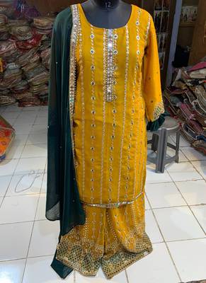 yellow pure georgette party wear sharara set with embroidery work 3