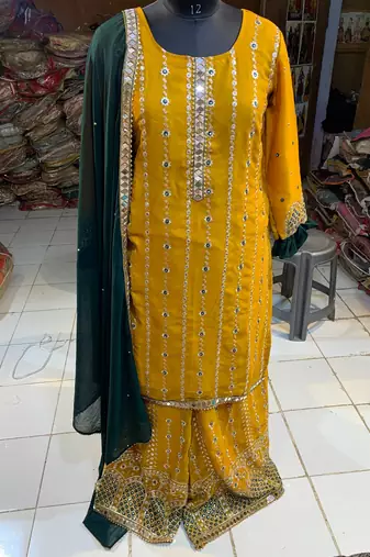 yellow pure georgette party wear sharara set with embroidery work
