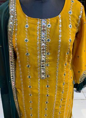 yellow pure georgette party wear sharara set with embroidery work 4