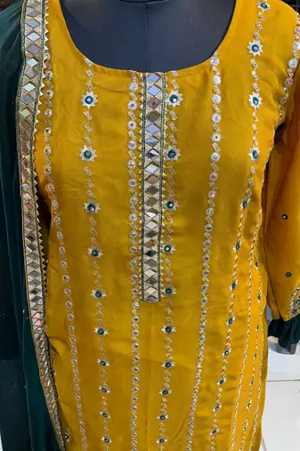 yellow pure georgette party wear sharara set with embroidery work