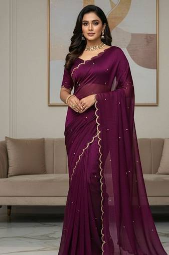 Plum Color  Khatli Beads & Moti Handwork Chiffon Silk Saree