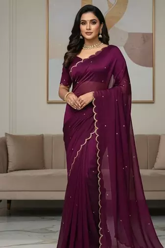 Plum Color  Khatli Beads & Moti Handwork Chiffon Silk Saree