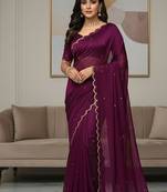 Plum Color  Khatli Beads & Moti Handwork Chiffon Silk Saree