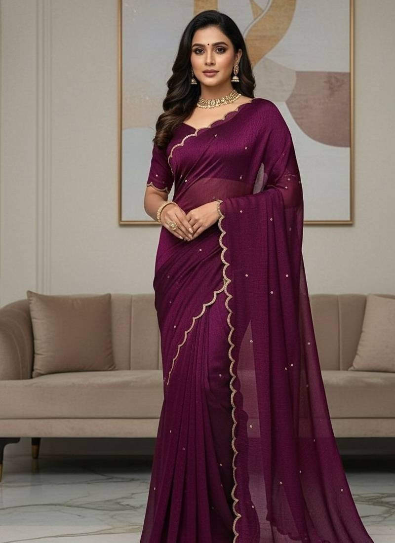 Plum Color  Khatli Beads & Moti Handwork Chiffon Silk Saree