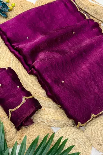 plum chiffon saree with khatli bead embroidery
