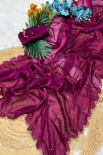 plum chiffon saree with khatli bead embroidery