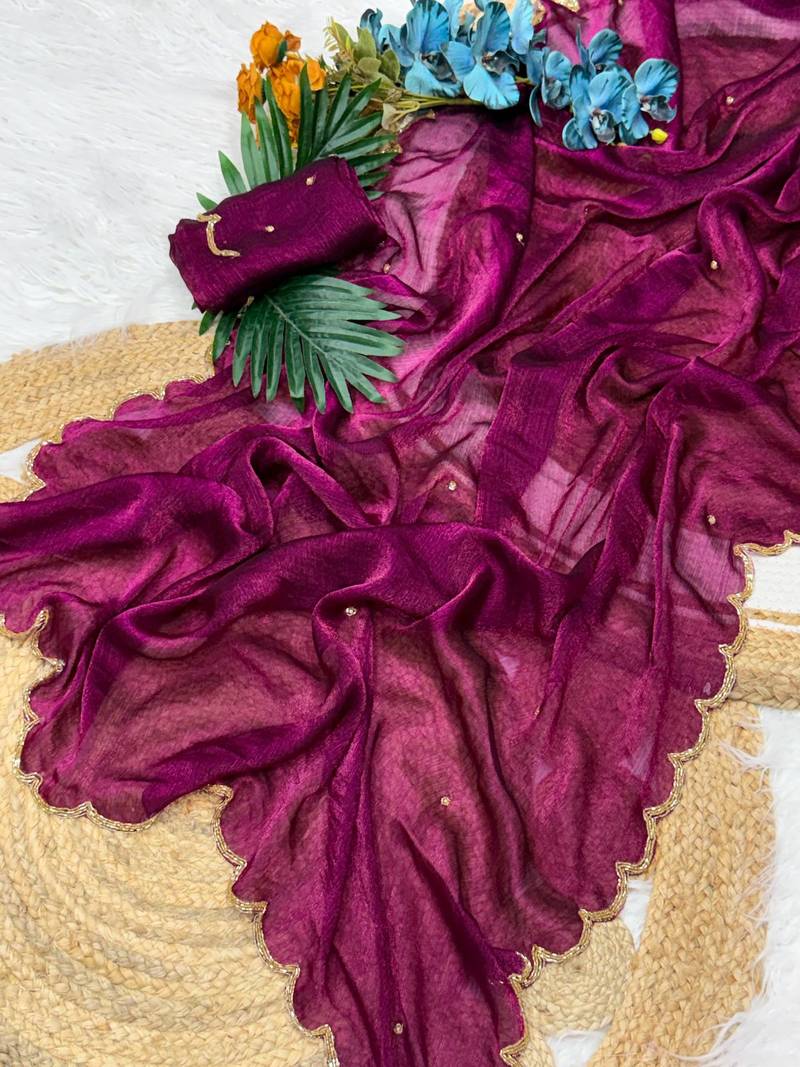 Plum Color  Khatli Beads & Moti Handwork Chiffon Silk Saree
