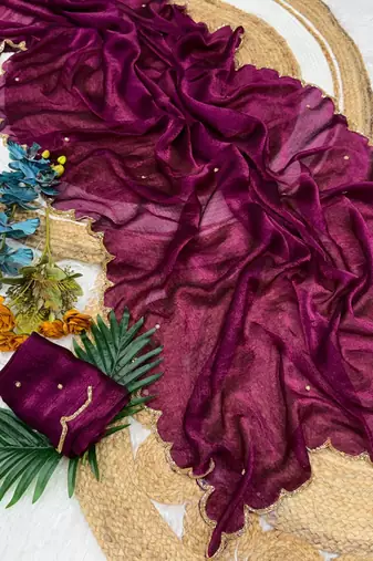 plum chiffon saree with khatli bead embroidery