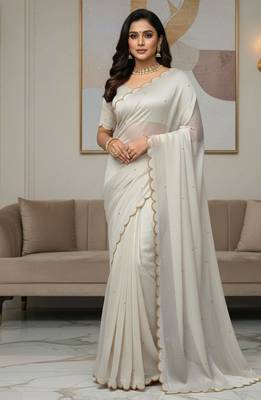 white chiffon saree with beads moti handwork 1