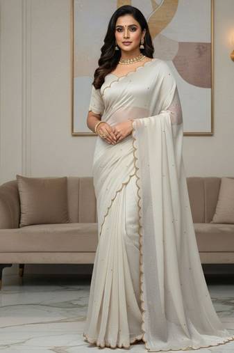 White Color  Khatli Beads & Moti Handwork Chiffon Silk Saree