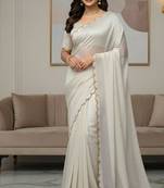 White Color  Khatli Beads & Moti Handwork Chiffon Silk Saree
