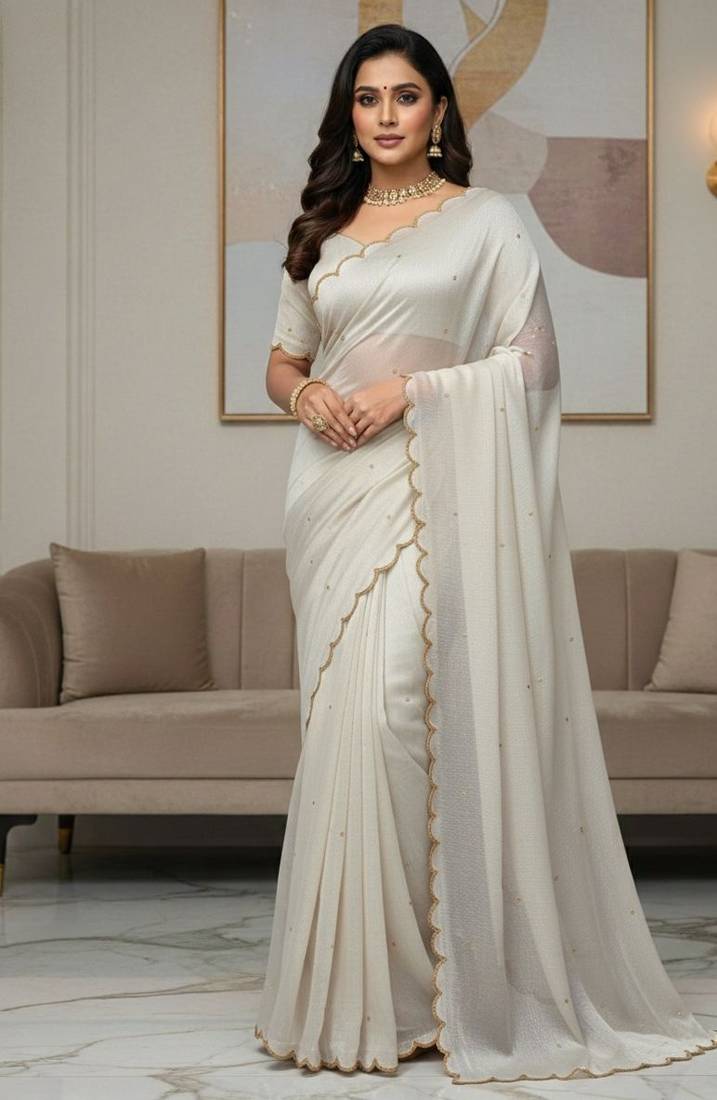 White Color  Khatli Beads & Moti Handwork Chiffon Silk Saree