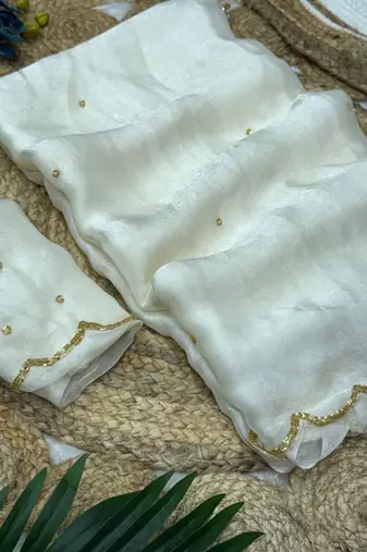 white chiffon saree with beads moti handwork