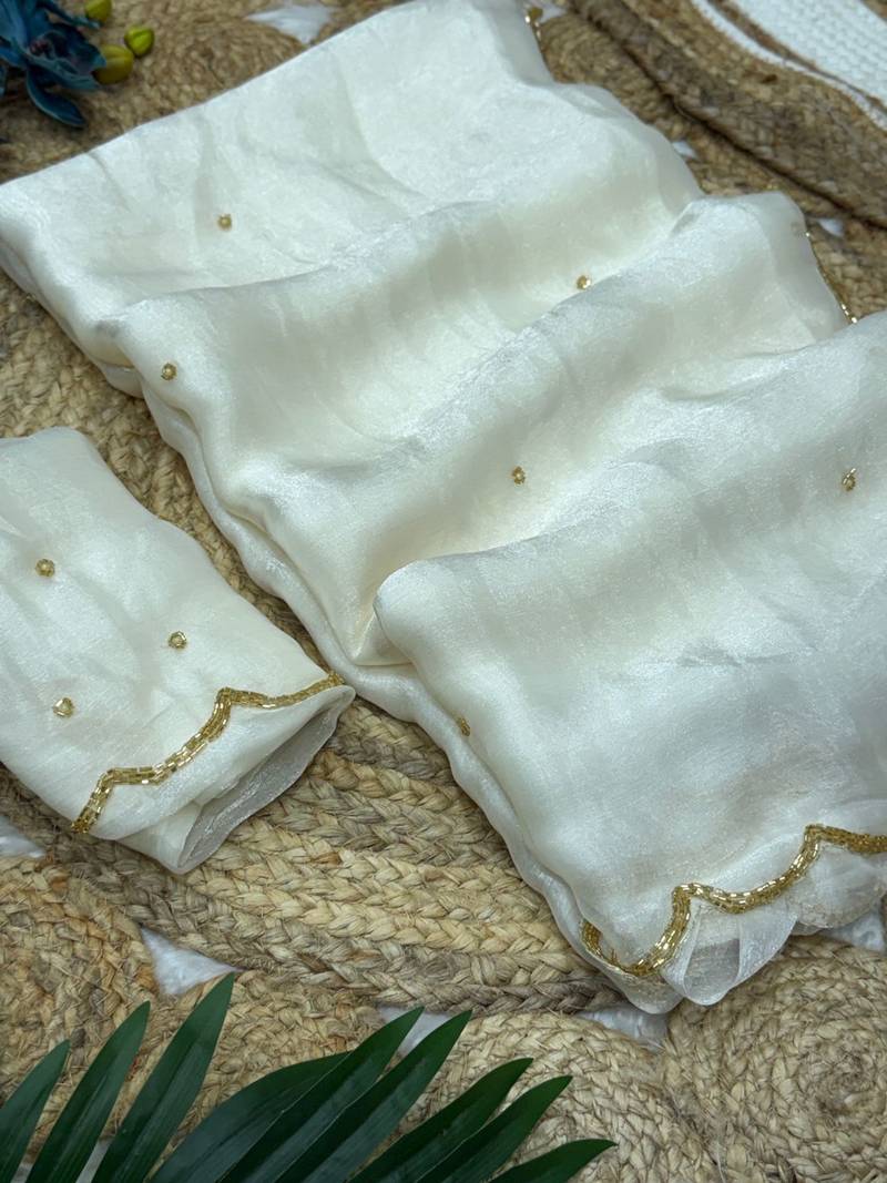 White Color  Khatli Beads & Moti Handwork Chiffon Silk Saree