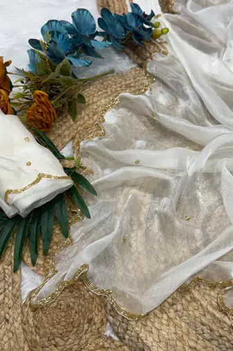 white chiffon saree with beads moti handwork