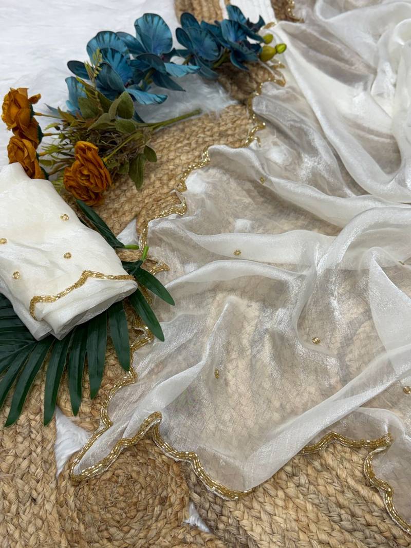 White Color  Khatli Beads & Moti Handwork Chiffon Silk Saree