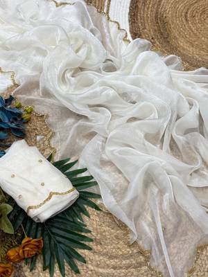 white chiffon saree with beads moti handwork 4