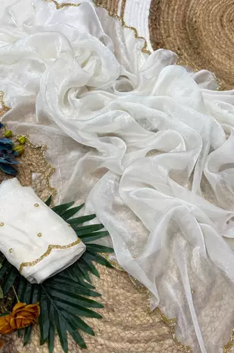 white chiffon saree with beads moti handwork
