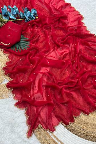 Red Color  Khatli Beads & Moti Handwork Chiffon Silk Saree