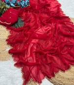 Red Color  Khatli Beads & Moti Handwork Chiffon Silk Saree