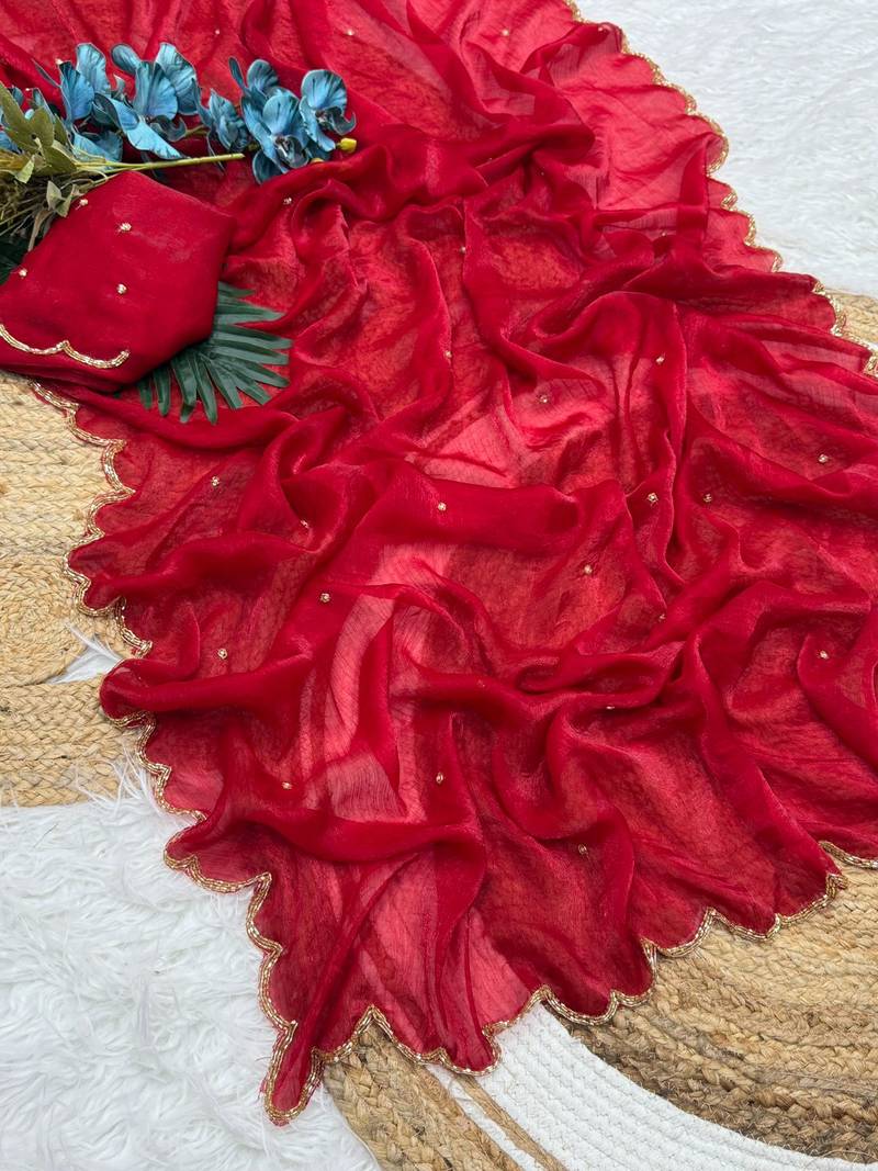 Red Color  Khatli Beads & Moti Handwork Chiffon Silk Saree