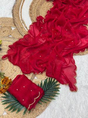 red chiffon saree with khatli beads handwork 2