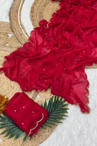 red chiffon saree with khatli beads handwork