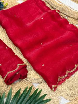 red chiffon saree with khatli beads handwork 3