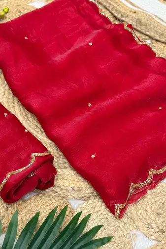 red chiffon saree with khatli beads handwork